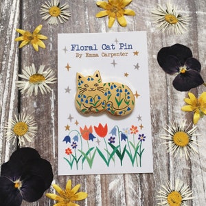 Bluebell Cat Enamel Pin / Cat Badge / Floral Cat Pin / Gift For Cat Lovers