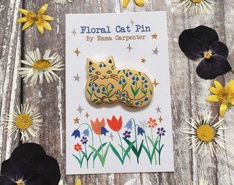 Bluebell Cat Enamel Pin / Cat Badge / Floral Cat Pin / Gift For Cat Lovers