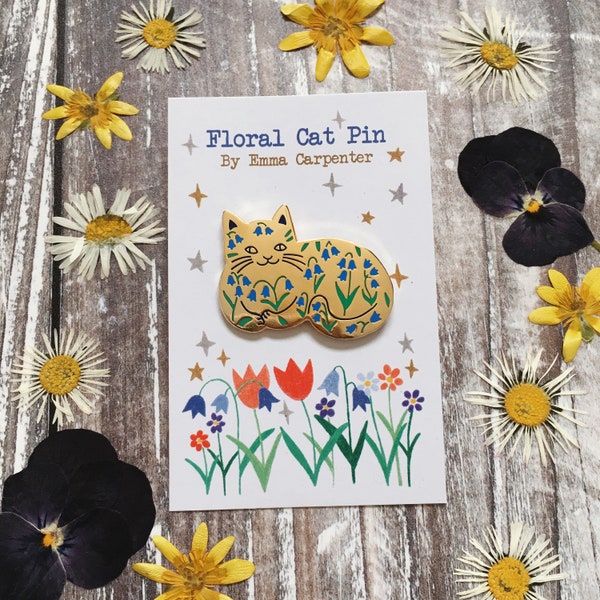 Bluebell Cat Enamel Pin / Cat Badge / Floral Cat Pin / Gift For Cat Lovers