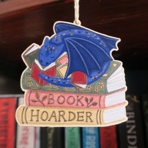 Dragon Book Hoarder Decoration / Wooden Hanging Ornament / Bookish Gift For Fantasy Reader