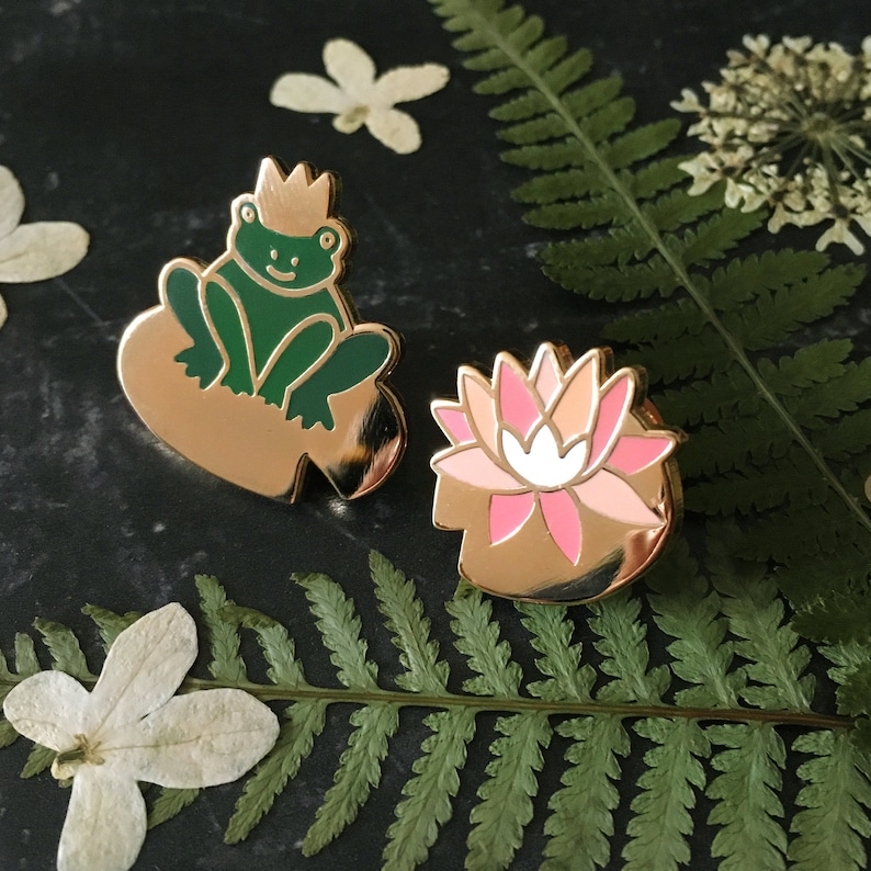 Frog Prince & Lily Pin Set/ Frog Enamel Pin / Valentines Gift / Gold Frog Waterlily Brooch / Stocking Filler / Coral Peach Heart Rubber Pin image 1