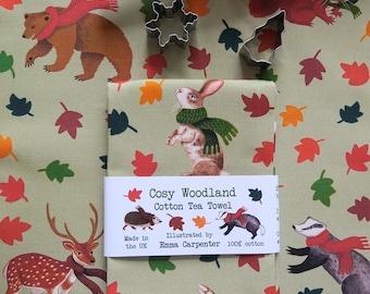 Cosy Woodland Animal Tea Towel, Christmas Home Decor, New House Gift, Cotton Tea Towel Kitchenware
