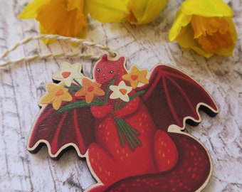 Welsh Dragon Holding Daffodils / Wooden Hanging Decoration / Cute Red Dragon Gift