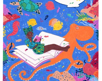 Deep Sea Reader - Giclee Print - Book Lovers Wall Art - For Living Room, Library, Bedroom
