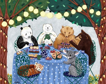 Bear Tea Party Art Print / Whimsical Fairy Tale Illustration / Giclee Print