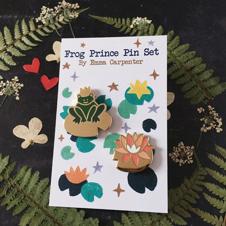 Frog Prince & Lily Pin Set/ Frog Enamel Pin / Valentines Gift / Gold Frog Waterlily Brooch / Stocking Filler / Coral Peach Heart Rubber Pin image 4