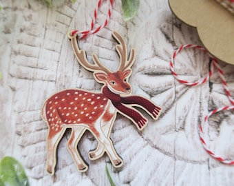 Deer In Scarf Wooden Decoration / Woodland Animal / Christmas Tree Ornament / Winter Gift / Holiday Stocking Filler