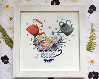 Blooming Tea Art Print- Giclee Print - Gift For Tea Lovers & Gardeners - Wall Art For Living Room, Library, Bedroom