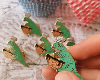 Dino Baker Enamel Pin / Cute Funny Dinosaur Badge / Gift For Chef & Cook