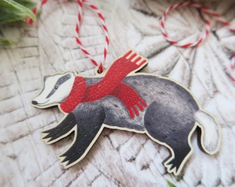Badger In Scarf Wooden Decoration / Woodland Animal / Christmas Tree Ornament / Winter Gift / Holiday Stocking Filler