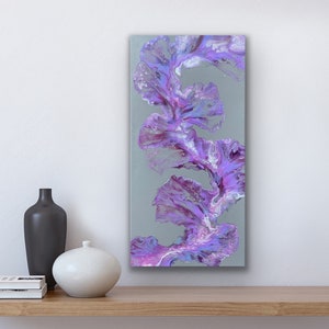 Dutch Pour Painting in 12x24” Canvas | Cool Palette on Gray Background | Original Fluid Art | Gift, Home Decor, Beach House, Office, Loft