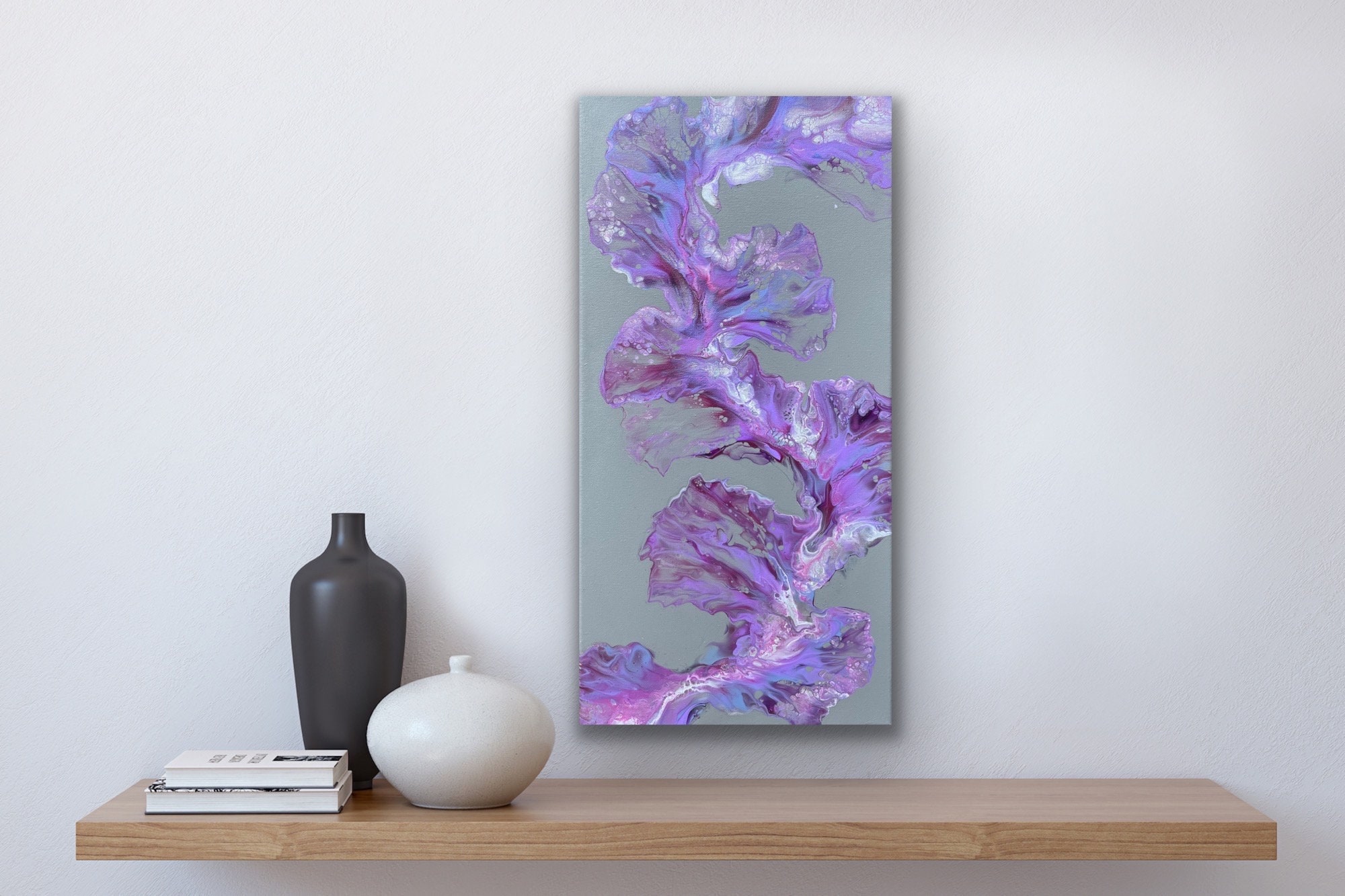 Dutch Pour Painting in 12x24” Canvas | Cool Palette on Gray Background | Original Fluid Art | Gift, Home Decor, Beach House, Office, Loft