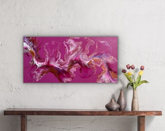 Love PINK Dutch Pour Painting in 10x20” Canvas | Tone on tone with Pink Background | Original Fluid Art | Gift, Home Decor, Office