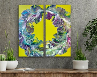 Muted Background Series “Lime” | Diptych Circle Dutch Pour 2 Canvas Set | Acrylic Fluid Art Painting | Abstract Wall Home Decor