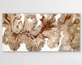 Neutral Palette Bronze Gold on White Background | Dutch Pour Original Acrylic Fluid Art Painting | Gift, Home Decor, Beach House