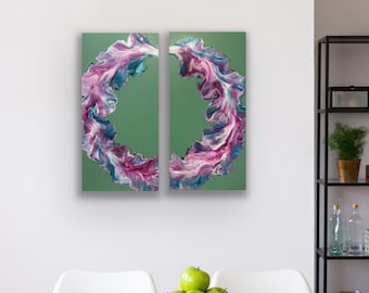 Muted Background Series “Green” | Diptych Circle Dutch Pour 2 Canvas Set | Acrylic Fluid Art Painting | Abstract Wall Home Decor