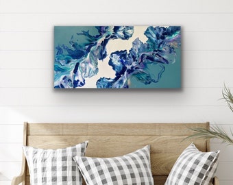 Muted Series Blue Split Background | Original Dutch Pour Painting | Acrylic Fluid Art | Abstract Decor on 12x24” Canvas