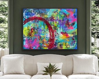 Abstract Expressionist Painting “Circles Underneath” | Original 36x48” Canvas | Textured Urban Colorful Art Graffiti for Loft Office Home