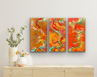 ON TREND! | Fall Autumn Dutch Pour Triptych Set of 3 Acrylic On Canvas | Decor for Home & Office |  Orange Tan Yellow Iridescent Gold