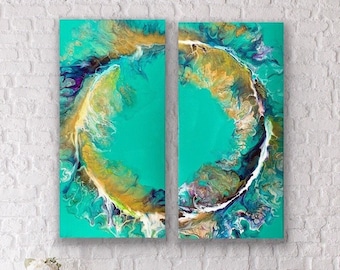 NYC Exhibition Piece! Diptych Dutch Pour 2 Canvas Set | Acrylic Fluid Art Painting | Gold Aqua Abstract Circle