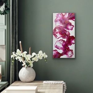 Lovely Dutch Pour Painting in 10x20” Canvas | Pink, Red and Gold on White Background | Original Fluid Art | Gift, Home Decor, Office