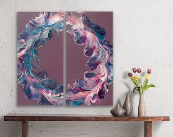 Muted Background Series “Purple” | Diptych Circle Dutch Pour 2 Canvas Set | Acrylic Fluid Art Painting | Abstract Wall Home Decor