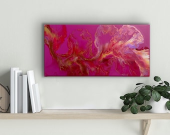 Dutch Pour Painting on 8x16” Canvas | Pinks & Iridescent Color | Original Fluid Art | Gift, Home Decor, Beach House, Office