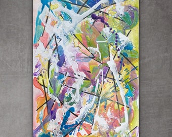 Original Abstract Painting “Hiding Place” | Expressionist Acrylic on 24x36” Canvas | Textured Urban Colorful Art for Loft Office Home