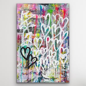 Abstract Expressionist Painting “Hearts I” | Original, Acrylic on 24x36” Canvas | Textured Urban Colorful Art Graffiti for Loft Office Home