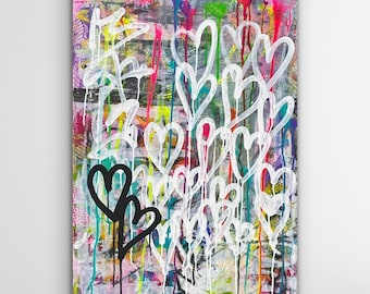Abstract Expressionist Painting “Hearts I” | Original, Acrylic on 24x36” Canvas | Textured Urban Colorful Art Graffiti for Loft Office Home