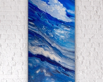 Blue & Silver Fluid Acrylic Painting on Gallery Canvas | Original Flip Cup Pour Aquatic Ocean Art for Home or Office | One of a Kind