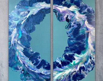 Muted Background Series “Blue” | Diptych Circle Dutch Pour 2 Canvas Set | Acrylic Fluid Art Painting | Abstract Wall Home Decor