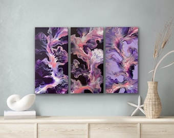 ON TREND! | Dutch Pour Triptych Set of 3 Acrylic On Canvas | Decor for Home & Office |  Purple Violet Lavender Iridescent Silver