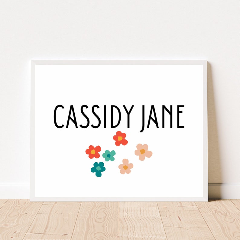 PRINTABLE Personalized Baby Girl Nursery Name Sign Simple Minimalist Boho Retro Flowers Theme Bedroom