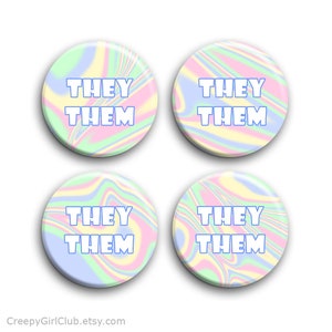 Choose Your Own Pastel Psychedelic Swirl Pronoun Pin Pack: He / Him, She / Her, They / Them | Soft Swirl Irridescent 90s Hippy
