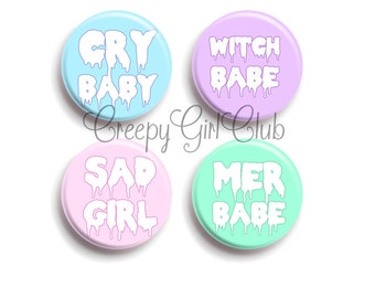 Spooky Cute Melty Kawaii Pin Pack: Cry Baby, Witch Babe, Sad Girl, Mer Babe