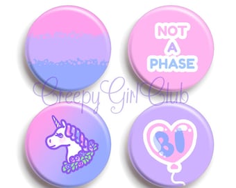 Kawaii Pastel Bisexual Pride 4 Pin Set: Bi Unicorn, kawaii heart balloon, not a phase | Bi Pride Queer LGBTQA+ Bisexuality Gay Pride