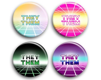 Choose Your Own 80s Vaporwave Lightgrid Pronoun Pin Pack: He / Him, She / Her, They / Them | Light Grid 80s Vapor Wave Neon 90s