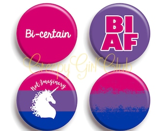 Bisexual Pride Pin Set: Bi AF, Bi-Certain, Not Imaginary Bisexual Unicorn, Grunge Pride Flag | Bi Pride Queer LGBTQA+ Bisexuality Gay Pride