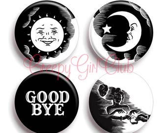 Spirit Board 4 Pin Pack: Astronomical Sun Moon Good Bye Seance | Spooky Creepy Cute Goth Gothic Goodbye Spirit Board Ghost Button Set