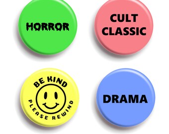 Video Rental Store Nostalgic Pin Set | VHS Horror Be Kind Please Rewind Drama Cult Classic 80's 90's TV Retro Video Store Aesthetic Smile