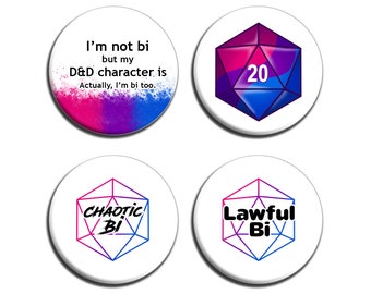 Bi Pride Dice Pins | Chaotic Bi, Lawful Bi, I'm not bi but my DnD character is, actually I am too, Bisexual D&D RPG Gamer D20 Dice Gaymer