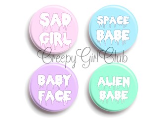 Spooky Cute Melty Kawaii Pin Pack: Sad Girl, Space Babe, Baby Face, Alien Babe