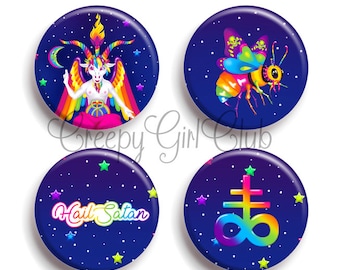 May include: Four round buttons with a dark blue background and rainbow colored designs. The designs include a goat with rainbow wings, a bee with rainbow wings, a pentagram with an infinity symbol, and the words "Hail Satan" in rainbow letters.