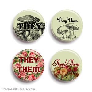 Cottage Core They Them Pronoun Pin Pack | Flowers Mushrooms Victorian Cottagecore Pronoun They/Them Soft Gentle Aesthetic Sweet Pins