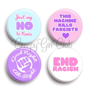 Set de 4 pins Antifa en colores pastel kawaii: Fin del racismo, No a los nazis