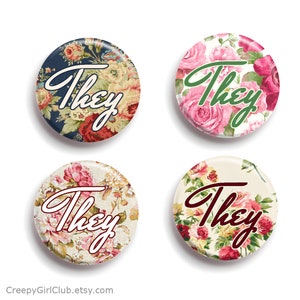 Cottage Core They Them Pronoun Pin Pack | Flowers Floral Victorian Cottagecore Pronoun They/Them Soft Gentle Aesthetic Sweet Pins
