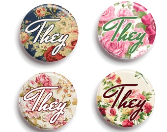 Cottage Core They Them Pronoun Pin Pack | Flowers Floral Victorian Cottagecore Pronoun They/Them Soft Gentle Aesthetic Sweet Pins