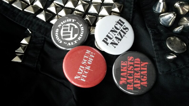 Make Racists Afraid Again Antifa Pin Set: Punch Nazis, Nazi Scum Fuck Off, Good Night Alt-Right image 5