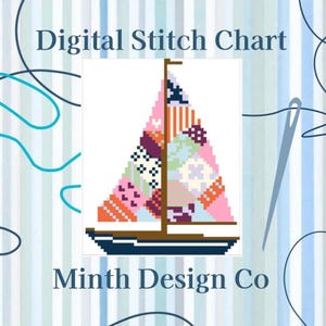 May include: Digital stitch chart featuring a colorful sailboat design. The sail is composed of various patterned squares in shades of pink, orange, purple, and blue. The text "Digital Stitch Chart" and "Minth Design Co" are displayed above and below the sailboat.
